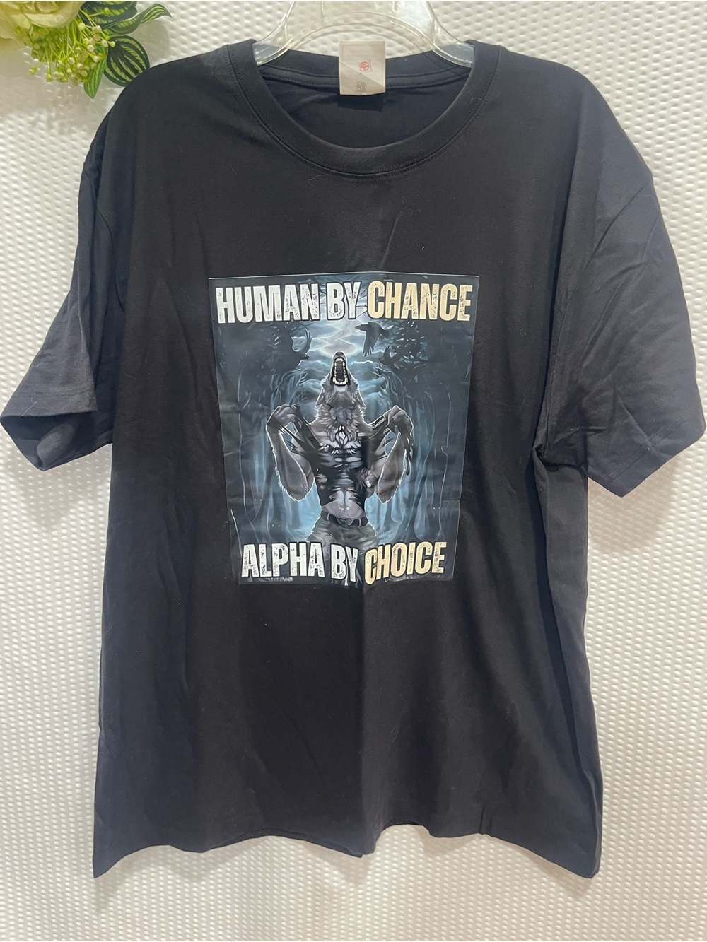 Human by Chance Alpha by Choice Wolf Graphic T-Shirt Men’s Large Black